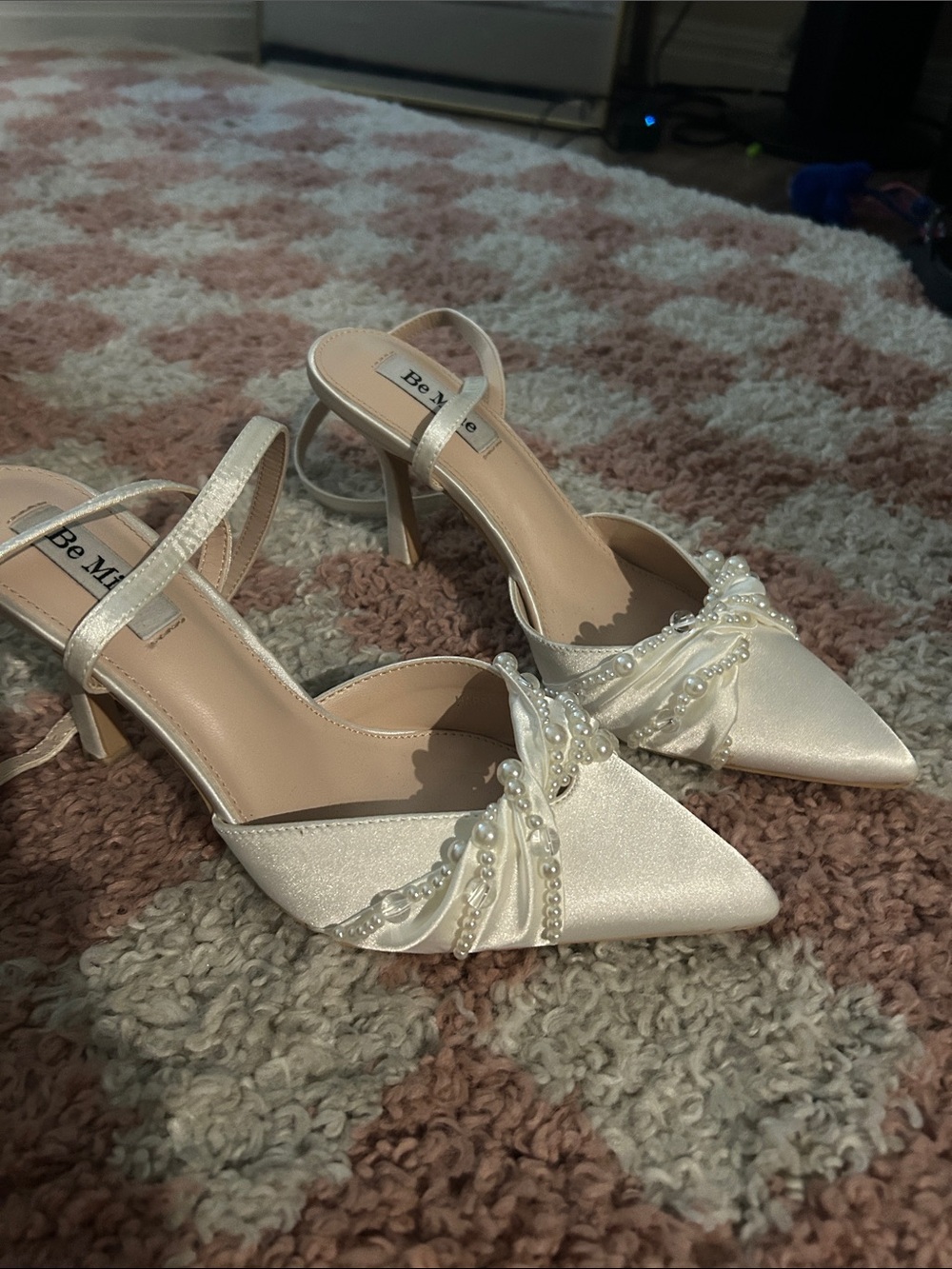 Ivory Pearl-Embellished Pointed Toe Heels
